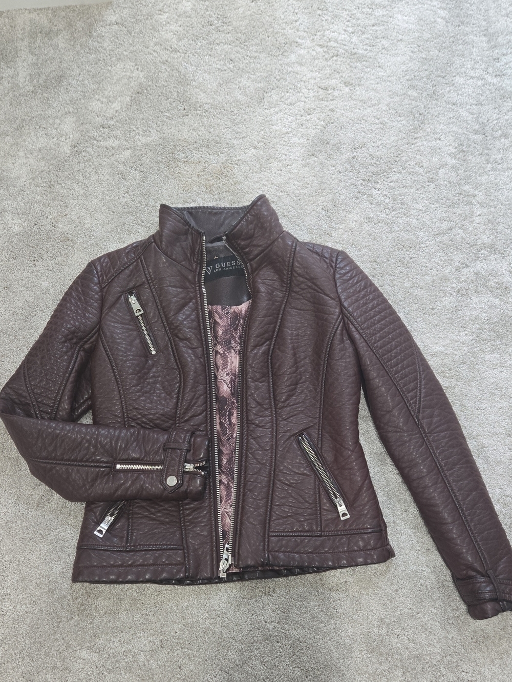 Guess Quilted Faux Leather Jacket in Deep Plum with Pink Lining